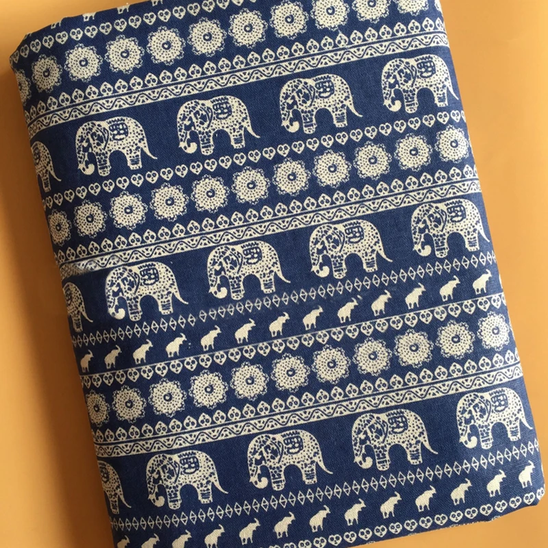 

Meter Ethnic Elephant Print Linen Material Bags Crafts Home Upholstery Fabric Deep Blue
