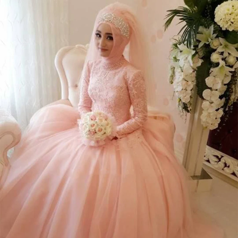 

Gorgeous Arab Muslim Wedding Dress Custom Made Lace Appliques Wedding Gowns High Neck Long Sleeve Hijab Wedding Dresses