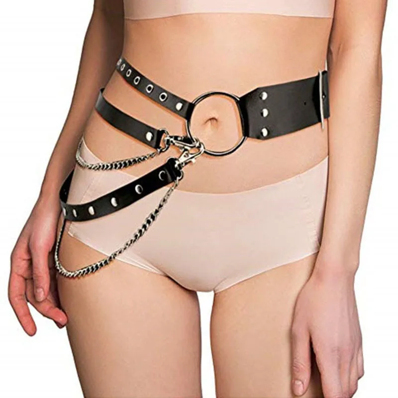 

2019 Fashion Leather Women Waist Belts Punk Metal Rivets Link Chains Adjustable Waistband Belt Casual Female Ceinture Cinturon