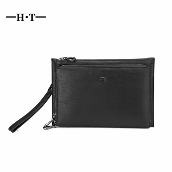 

HT Genuine Leather Day Clutches Men Handbags Embossing Handy Bags Zipper Male Purses Black Cow Leather Carteira Masculina Wallet