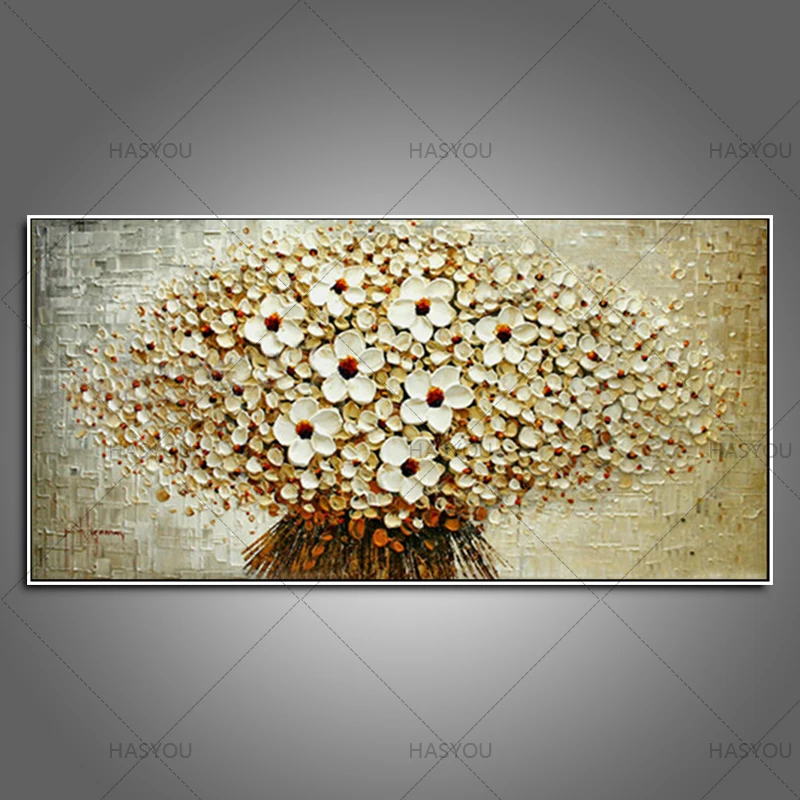

Top handmade thick palette knife oil painting on canvas beige colour plain abstract flowers modern home decor wall art picture