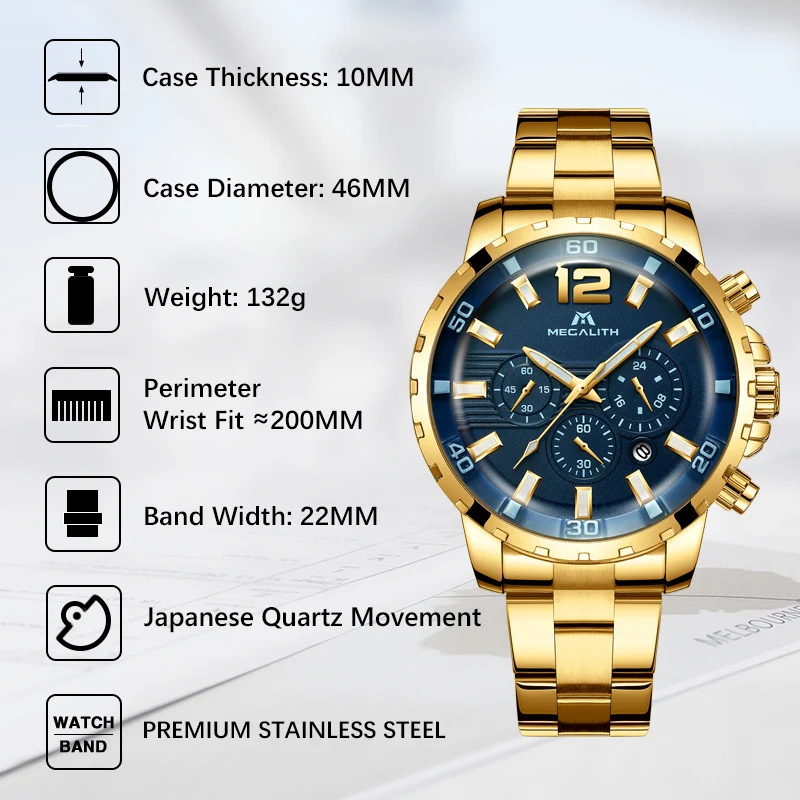 Skup MEGALITH Luxury Casual zegarki męskie wodoodporne chronograf kwarcowy męskie zegarki złoty stalowy pasek zegarki zegar Relogio Masculino
