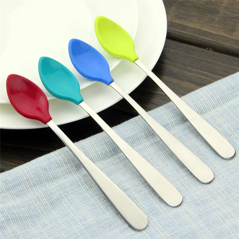

Baby Feeding Spoons Stainless Steel Handle Soft Silicone Baby Eating Utensils