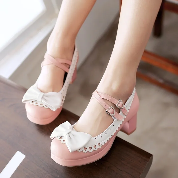Милые женские туфли в стиле Лолиты с круглым носком и ремешком на щиколотке; женские японские туфли с бантом; туфли для косплея в стиле Лолиты - Color: Pink