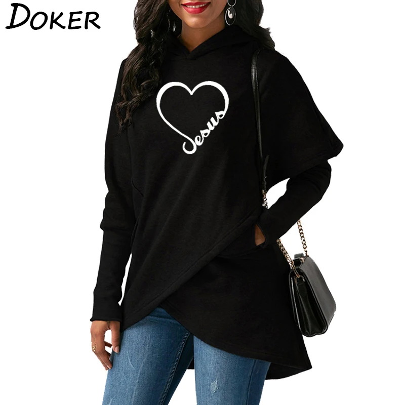  Women Hoodies Sweatshirts 2019 New Love Heart Jesus Faith Print Long Sleeve Hoodies Christmas Warm 