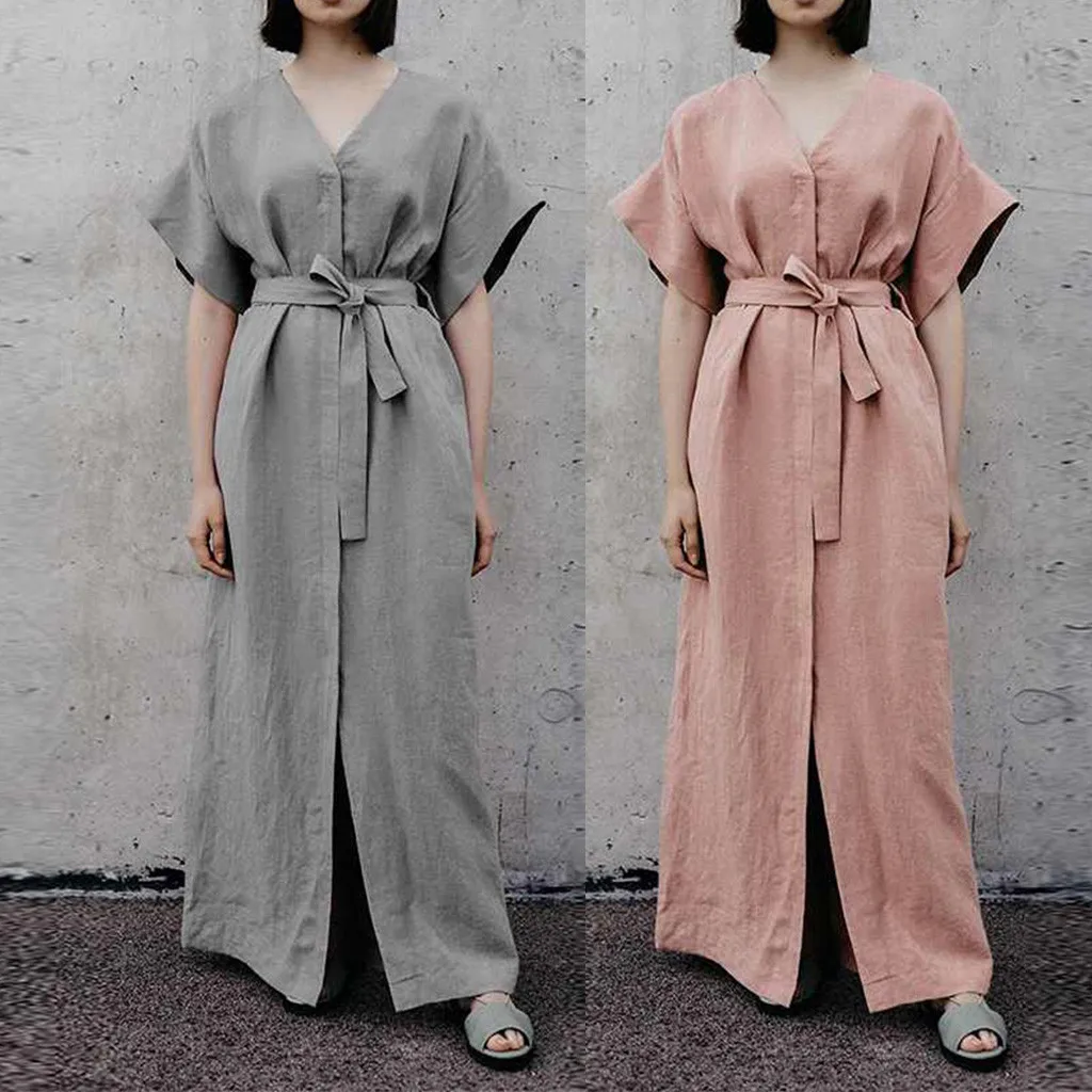 

Women Dress 2019 Women Casual Plus Size Tie Up V Neck Loose Linen Fashion Daily Split Long Dress Party Dress Vestidos Plus Size