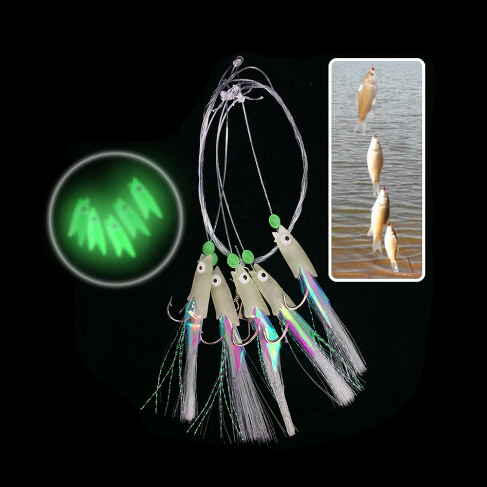 2Packs Sabiki Soft Fishing Lure Rigs ISE Luminous Lure Fish Head String Hook