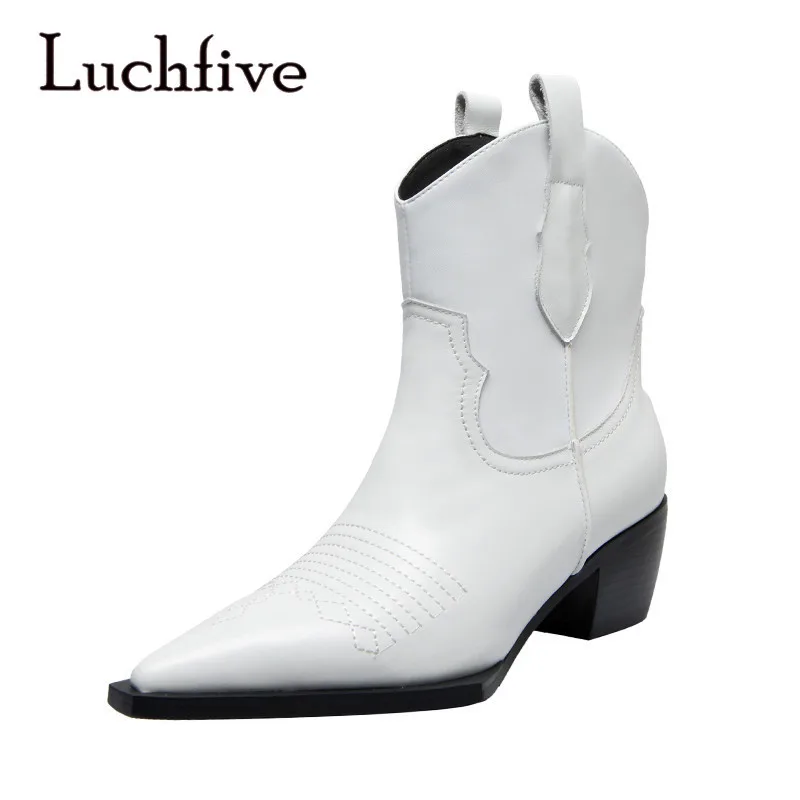 

Tiny Square Toe White Leather Boots Block Heel INS Fashion Combat Boots Ankle Length Winter Shoes Women