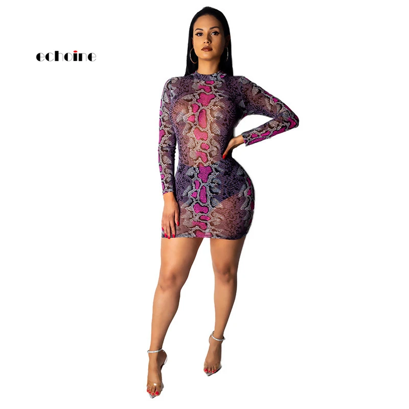 

Echoine Women Sexy Dress Snake Print Semi-Transparent Long Sleeve O-Neck Sheath Midi Female Charming Serpentine Vestidos Outfit