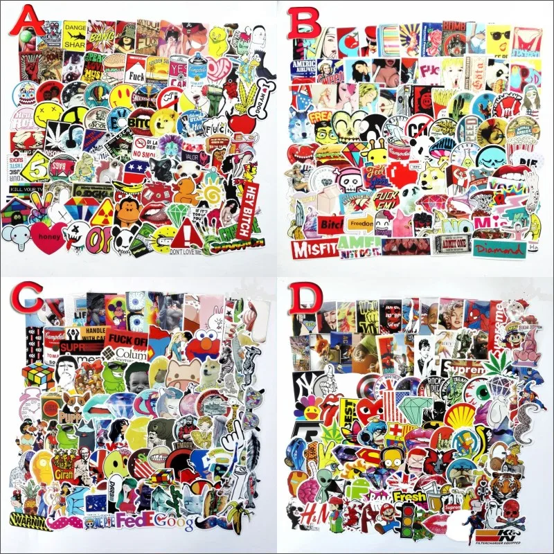 

100pcs x6 not repeating waterproof stickers for Home decor Travel Suitcase Wall Bike fridge Sliding Plate Car Styling sticker