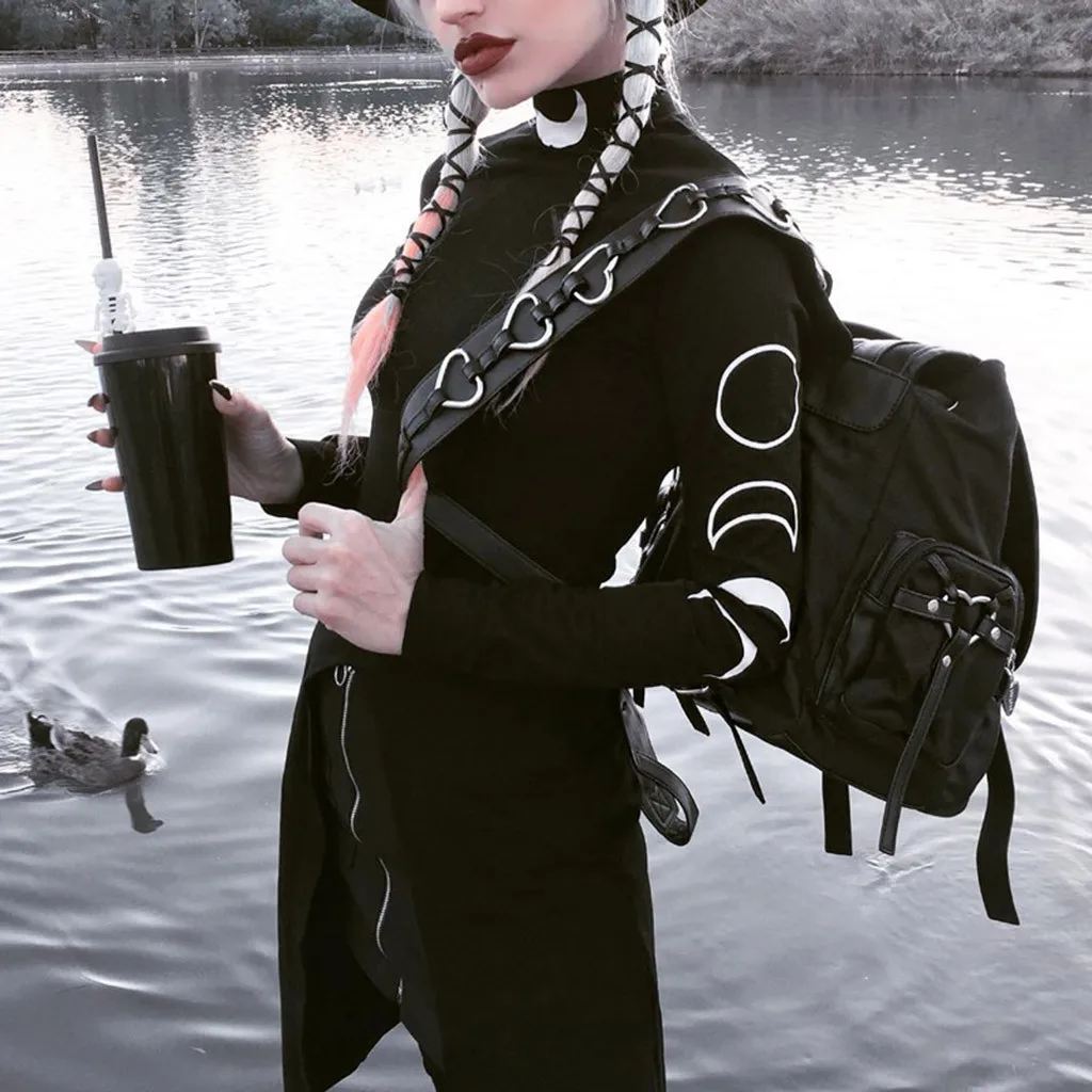 

Women Clothes 2019 Women Black Street Gothic Style Punk Moon Print Long Sleeve Irregular Hem Dress Shipped within 36 hours