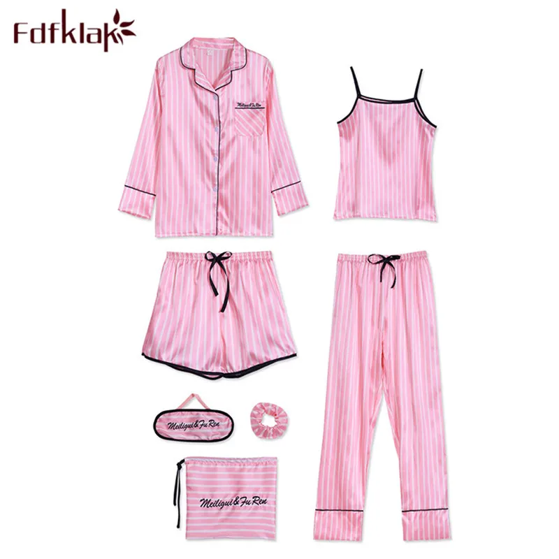 Fdfklak 7 шт. пижамы женские шелковые атласные пижамы с принтом Домашняя одежда с длинным рукавом весна осень пижамный комплект Пижама femme