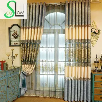 

Slow Soul Blue Coffee European Style Linen Embroidery Cortinas Tulle Curtains For Living Room Kitchen Cortina 3d Bedroom Lace