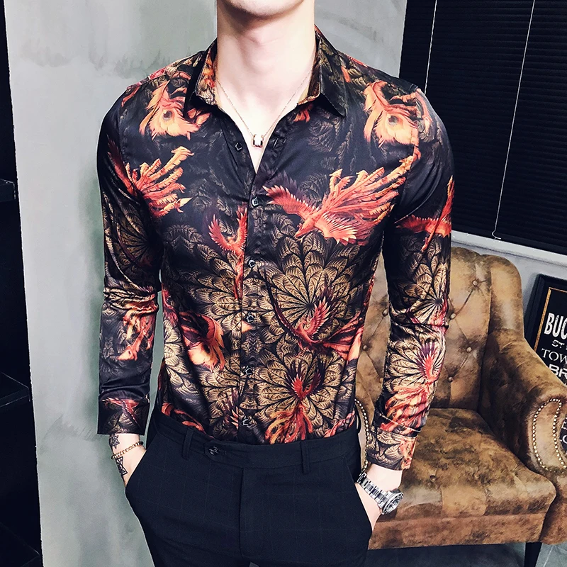 

New Fire Phoenix Men Shirt Camisa Masculina Luxury Society Long Sleeve Mens Dress Shirts Fashion Slim Fit Casual Shirt Men