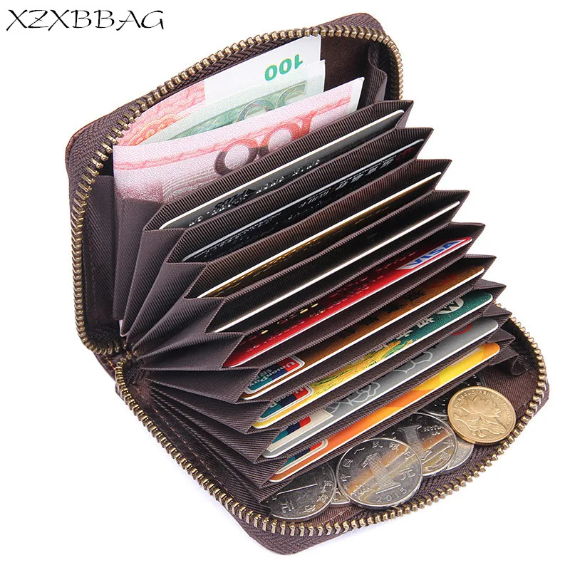 XZXBBAG Men Upscale Genuine Leather Accordion Card Wallet Male Zipper