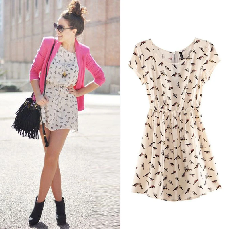 Free Shipping 2014 Bargain HOT SALE Women Spring Summer New Fashion Animal Bird Print Vintage ...