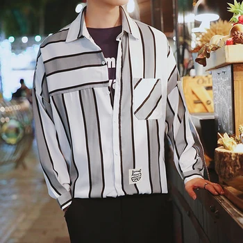 

Men's long sleeve striped Korean casual shirts 5xl Mens spring fashions hip hop streetwear men clothing Asian size CS07