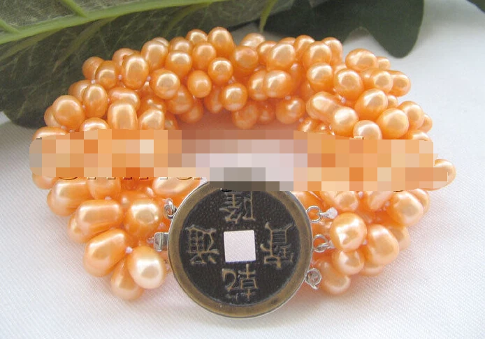 

FREE SHIPPING>>>@@ 0766 6row orange baroque freshwater pearl bracelet