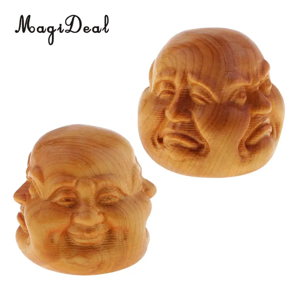 2pcs Buddha Head Statue Wooden Sculpture Figurine Mini Home Decor