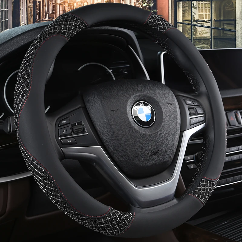 

KKYSYELVA 38cm Auto Steering-Wheel Black Universal Car Steering Wheel Cover Leather Steering Covers Car Interior Accessories