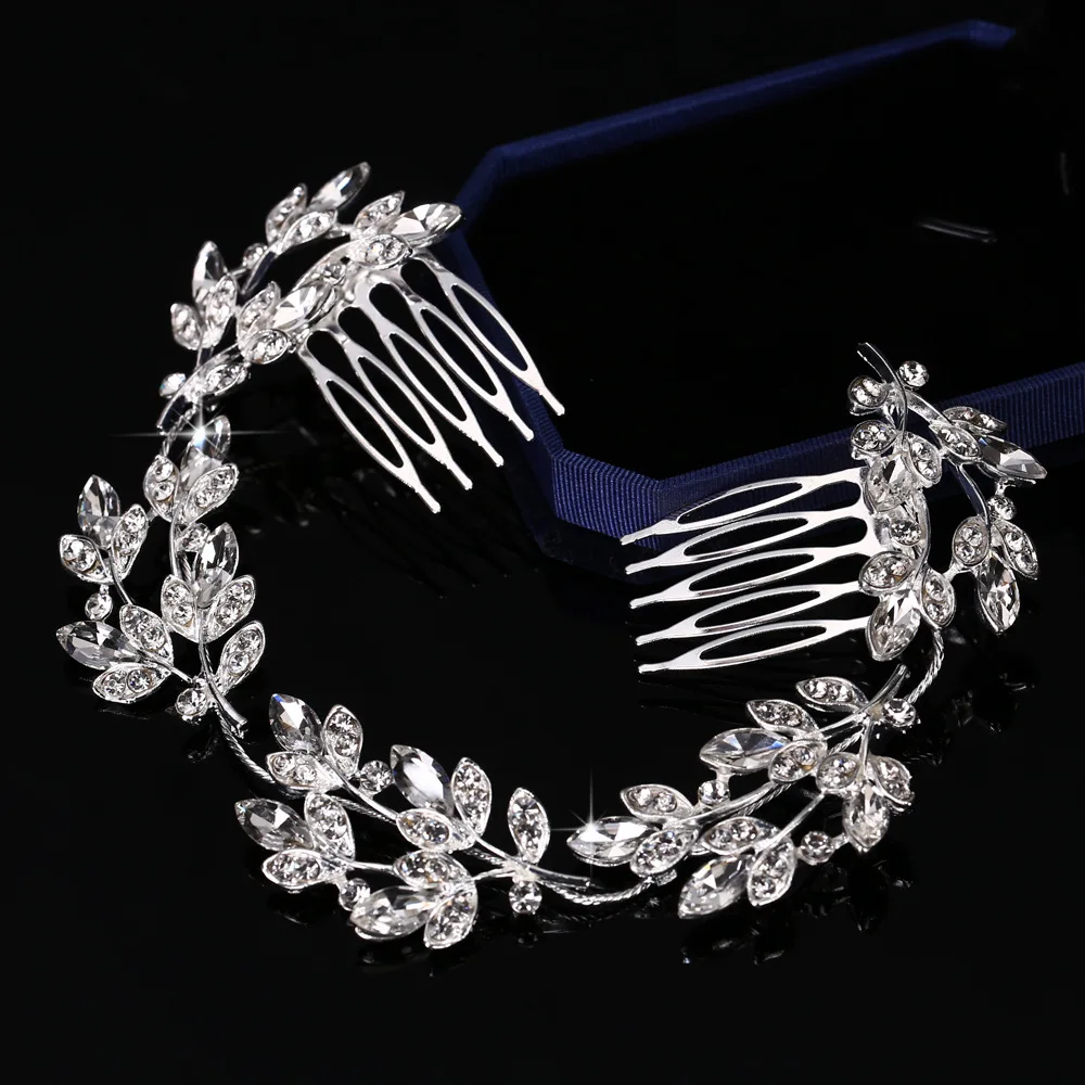 Popular flower leaves luxurious bride long head ornament alloy full drill Comb Wedding bride silver plated hair accessories