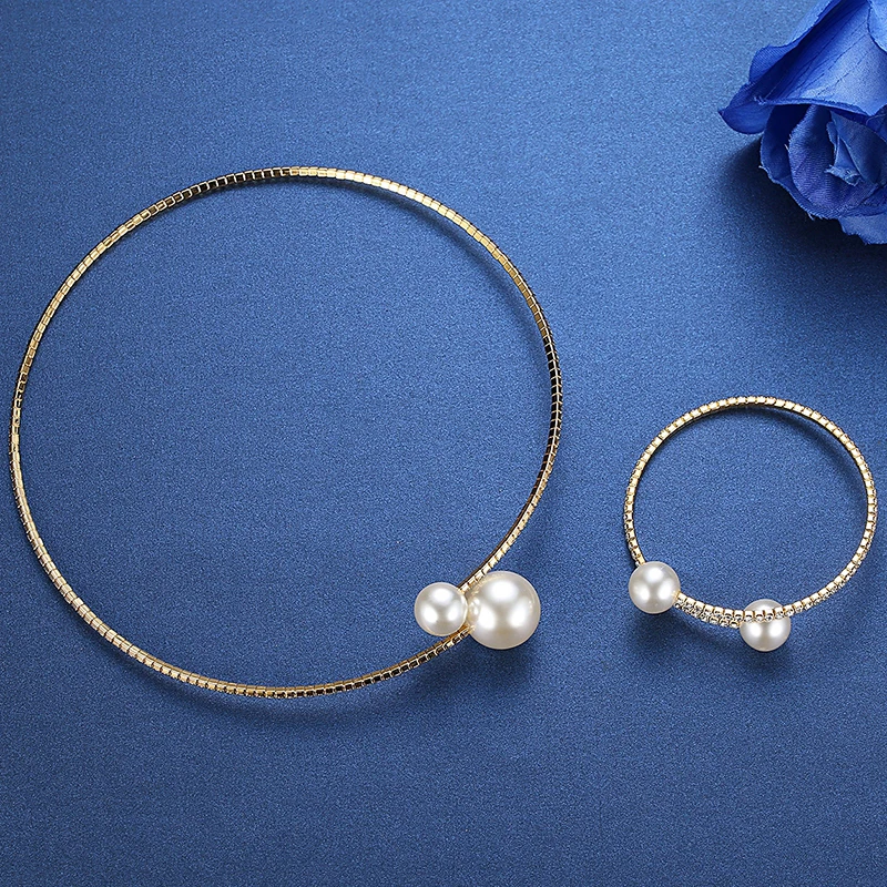 Elegant Crystal Imitation Pearl Open Bracelets for Women Gold Silver Plated Cuff Bangles necklace set Pulseras Mujer Jewelry 4