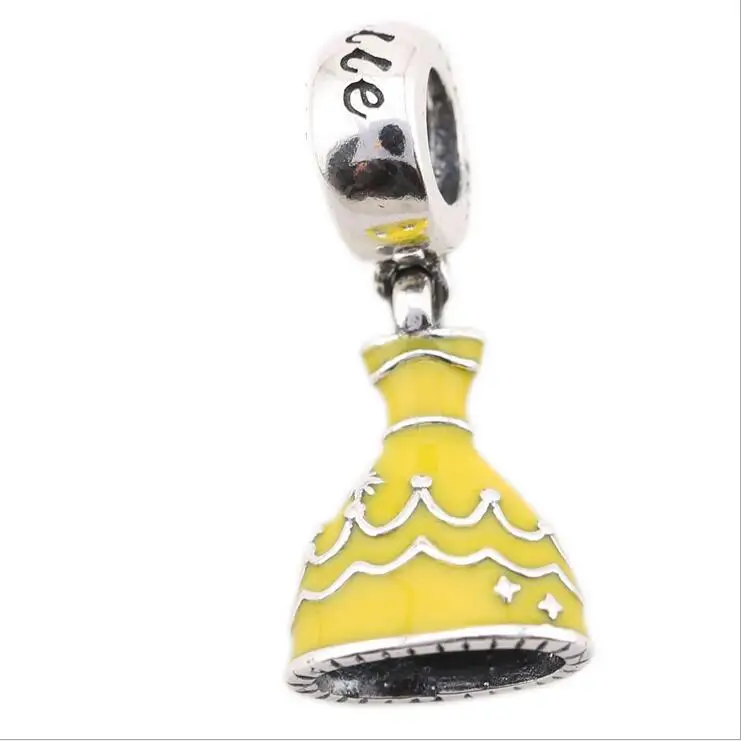 Princess Belle Dress Charms Yellow Enamel 925 Sterling Silver Pendants