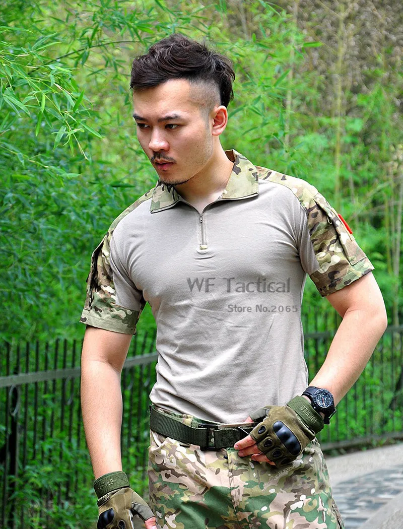 Для мужчин летняя футболка Пейнтбол Тактические короткий рукав рубашки военные камуфляж хлопок тройник Охота Одежда