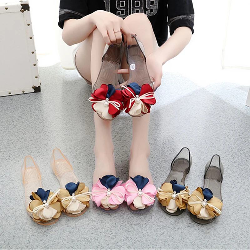 Sandalias 2018 transparentes flores y dedos descubiertos, sandalias femeninas con lazo y perlas, Sandalias planas a la moda para mujer|Sandalias mujer| - AliExpress