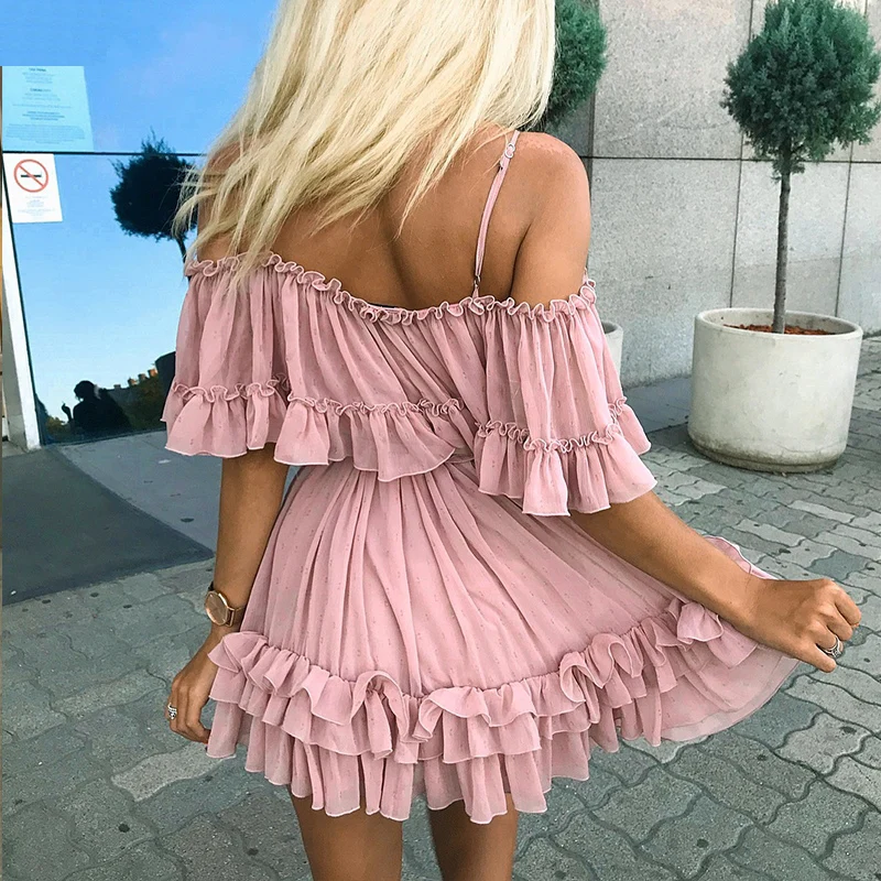 BeAvant-Off-shoulder-strap-chiffon-summer-dresses-Women-ruffle-pleated-short-dress-pink-Elegant-holiday-loose(1)