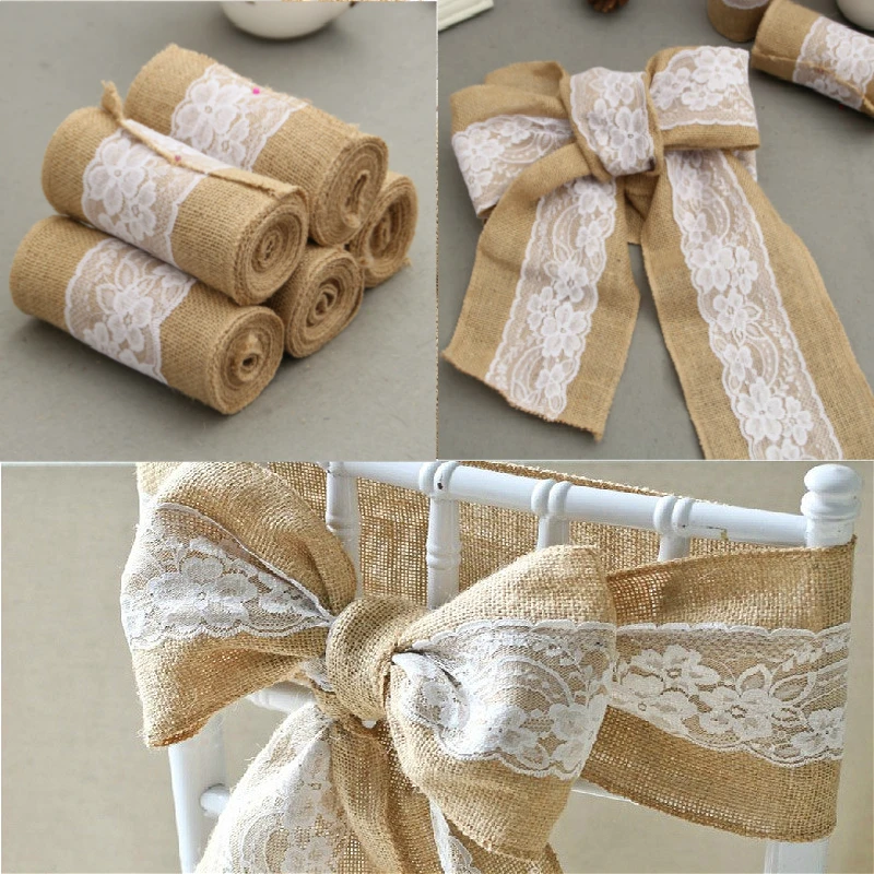 Natural Burlap Hessian Lace Chair Back Cover Decor Bow Linen Lace Chair