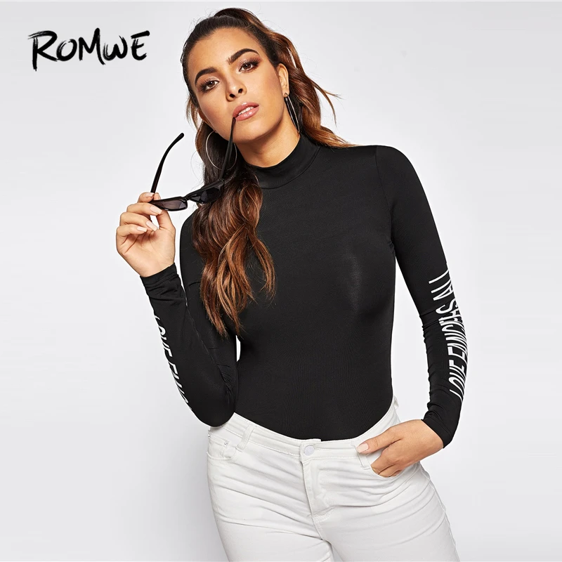 Download ROMWE Mock Neck Form Fitting Letter Tee 2019 Women Black ...