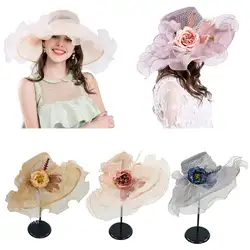 Для женщин сетки вуаль церковь Кентукки Дерби Sun Hat оборками искусственный цветок перо Большой широкими полями Чай вечерние свадебные