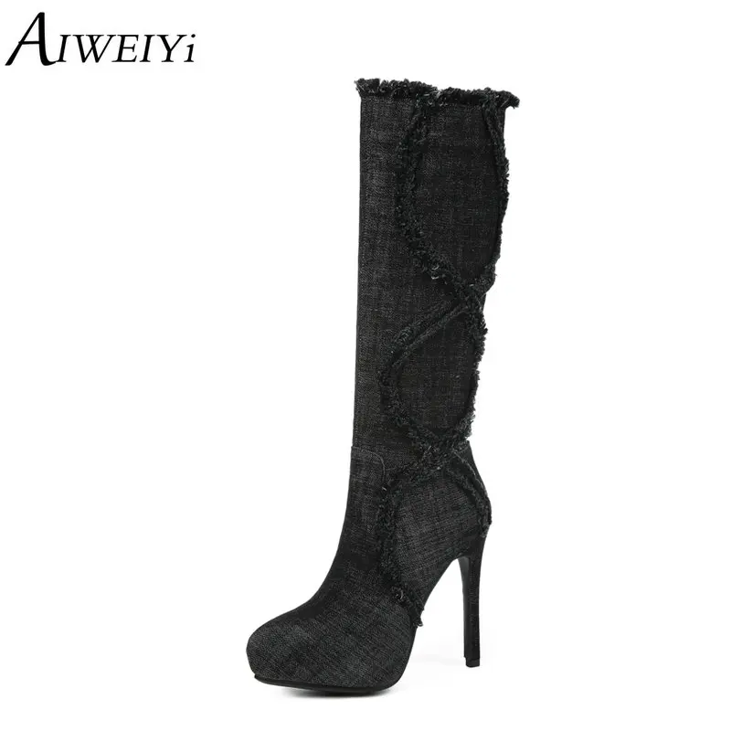 

AIWEIYi Denim Knee High Boots for Women Platform Shoes Thin Heel High Heels Thigh High Boots Winter Shoes Stiletto Heels