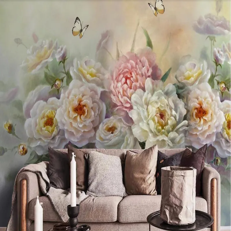 

European-style hand-painted beautiful rose flower butterfly TV sofa background wall