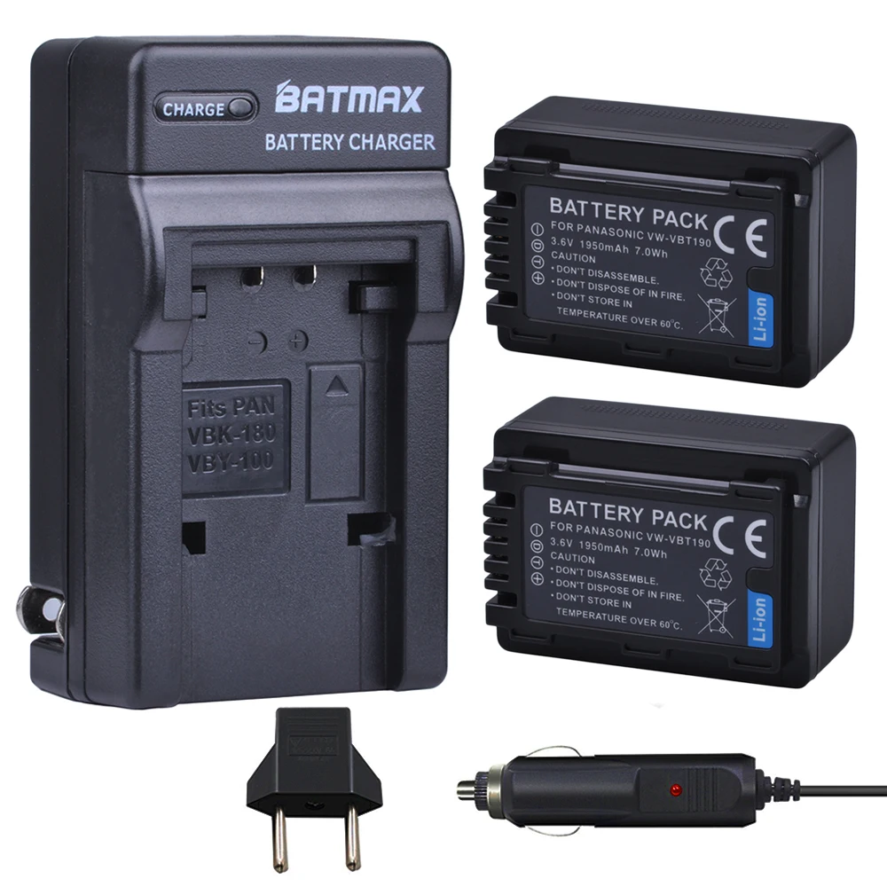 Batmax 2Pcs Vw-Vbt190 Vbt190 Batteria + Caricabatterie Per Panasonic Hc-V800Gk/808Gk,Hc-V110,Hc-V130,Hc-V160, Hc-V180, Hc-V201, Hc-V210,