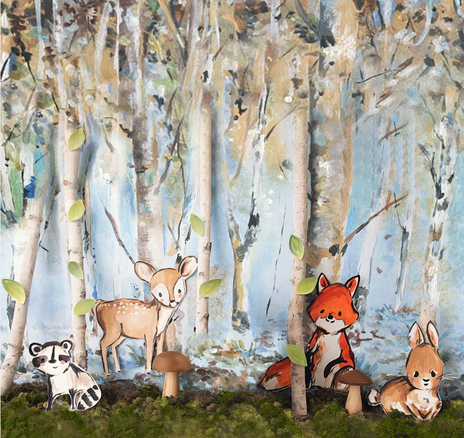 

8x8FT Pastel Color Woodland Creatures Aninals Forest Tree Fox Deer Custom Photo Backgrounds Studio Backdrops Vinyl 240cm x 240cm