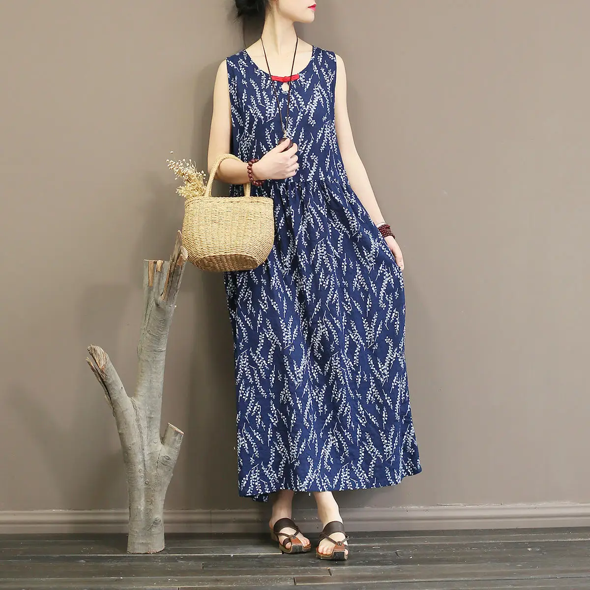 

Johnature New Floral Print High Waist Long Dresses O-Neck Sleeveless Tanks 2019 Summer Women Vintage Plate Buckle Dresses