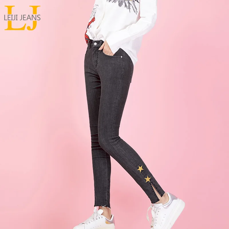 

LEIJIJEANS Spring new pants waist shot in the waist Slim casual plus size women 9 points feet jeans Five-star gray jeans 9012