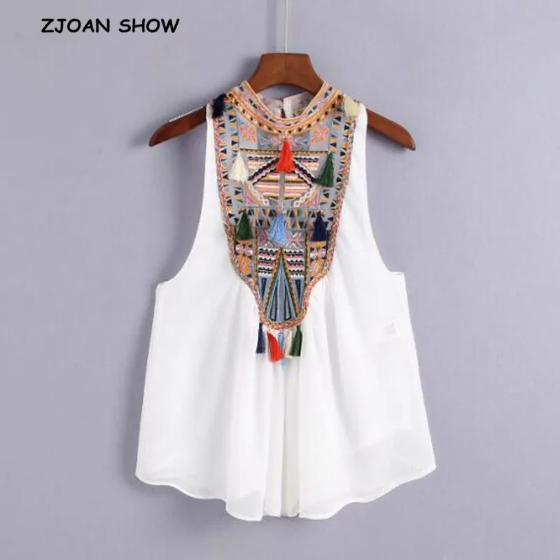 

Bohemian Embroidery Geomtric Tassel Ball Sleeveless Tank Tops Ethnic 2018 Back Buttons Cropped Hem Women Camis Tops Black White