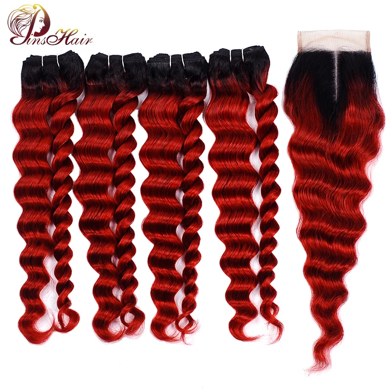 

Pinshair Ombre Red Loose Wave Bundles With Closure Burgundy Brazilian Hair Weave 4 Bundles With Closure Human Hair Non Remy