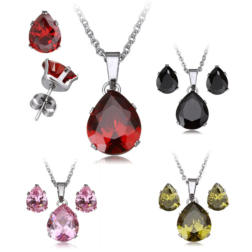 

Hot Sale Wedding Bridal Jewelry Stainless Steel Jewelry Sets Stud Earring Cubic Zircon Rhinestone Teardrop Pendant Necklace