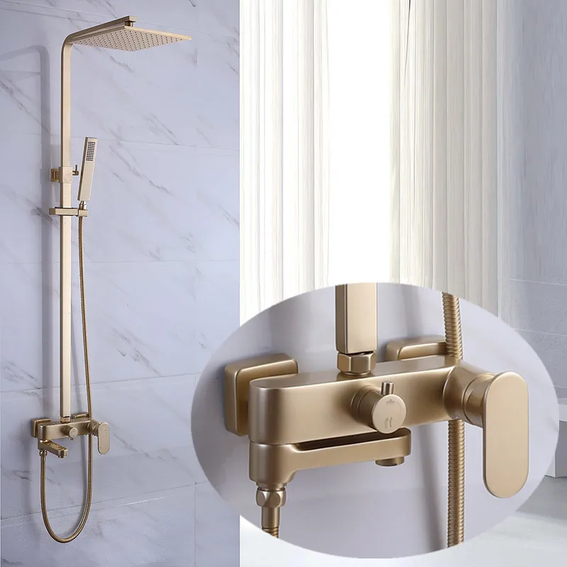

brushed Golden Shower faucet Set All-copper Household Cold and Hot Bathroom Bath Shower Supercharged Champagne Gold