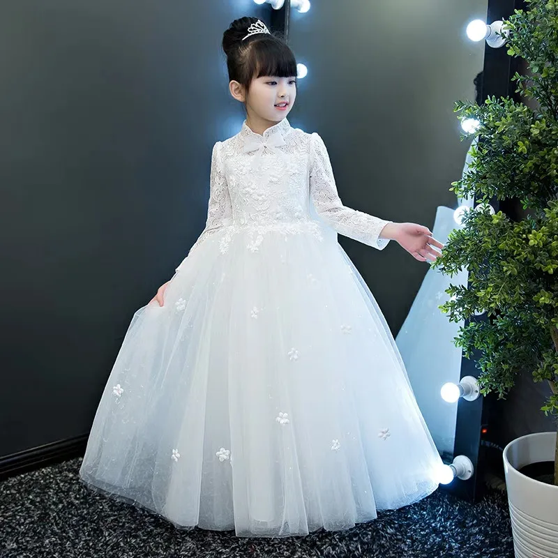 

2018 Elegant Long Sleeves Children Girls White Lace Birthday Wedding Party Mesh Dress Kids Teens Flowers Bow Piano Costume Dress