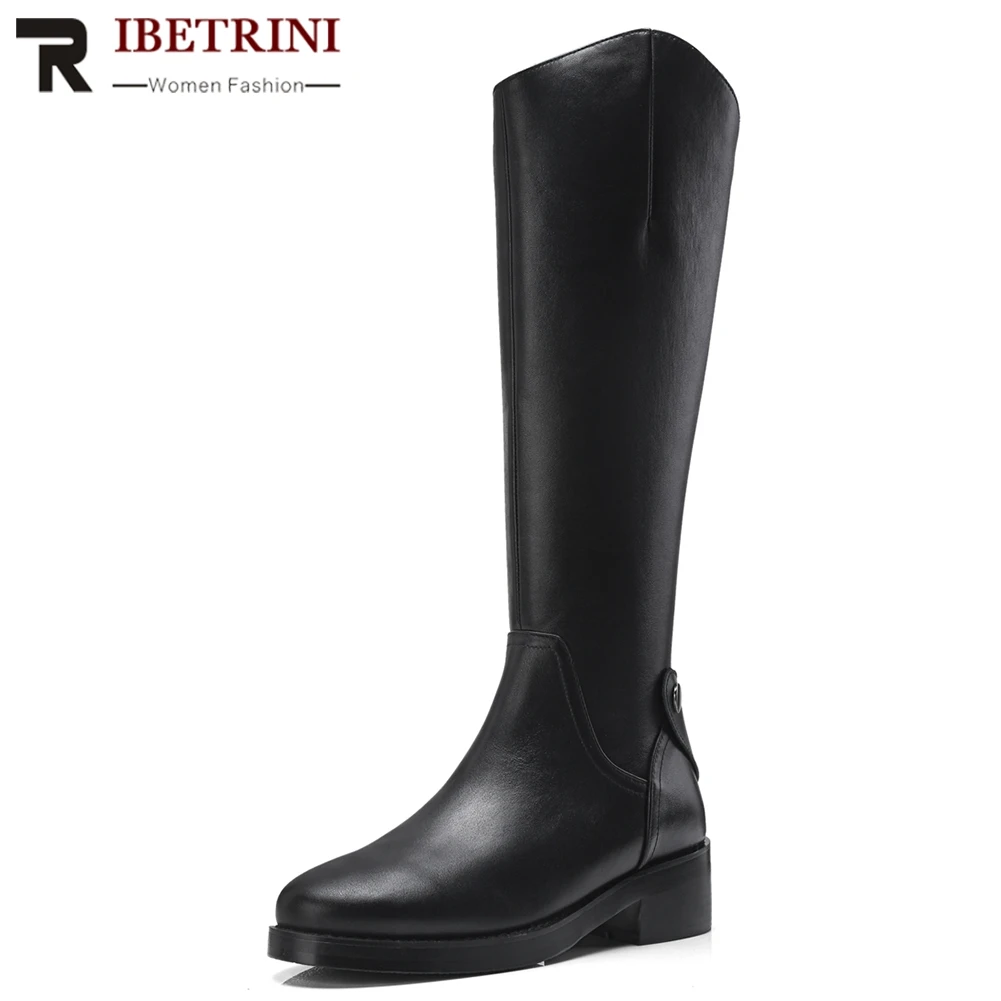 

RIBETRINI 33-39 Plus Size Genuine Cow Leather Platform 4cm Med Square Heels Mid Calf Zip Ladies Boots Fur Addable