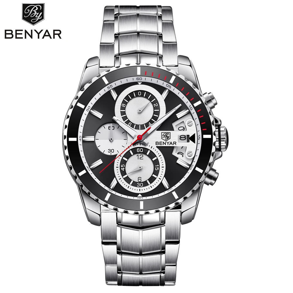 

BENYAR Business Watch Men Chronograph Quartz Wristwatches Mens Dress Full Steel Waterproof Watches Male Clock relogio masculino