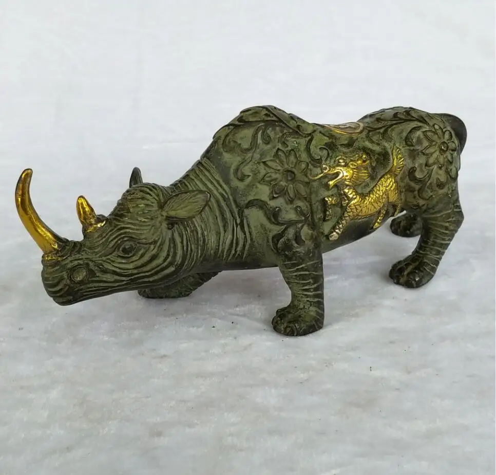 

Long 26 CM /10 INCH Collection Chinese Old Bronze Gilt Big rhinoceros Sculpture home art decoration Animals antique statue