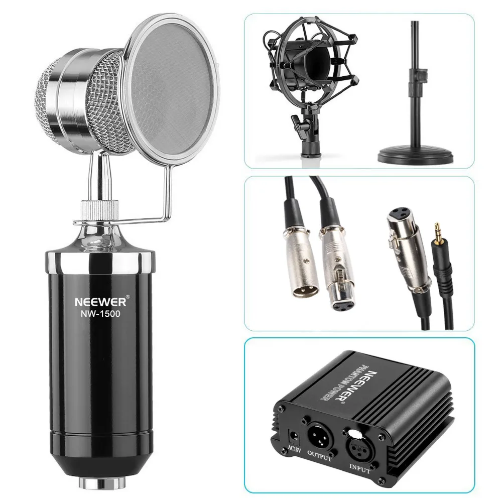 

Neewer NW-1500 Microphone Kit Microphone with Iron Desk Stand Shock Mount and Pop Filter 48V Phantom Power Supply with Adapter