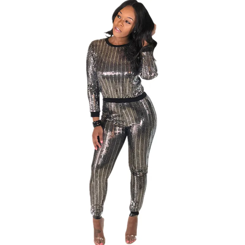 Women's Tracksuit Fashion Sparkle Striped Sequins 2 Piece Set Autumn ...