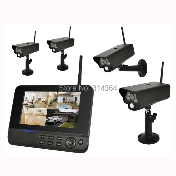 

Home 4CH 7 inch LCD Monitor 4pcs 2.4G Wireless DVR Security CCTV Camera Recording Quad System Night Vision Outdoor Free Shipping